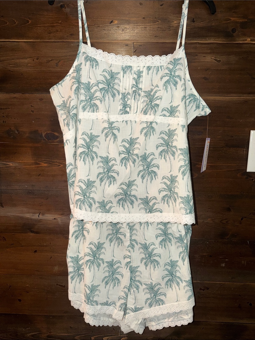 Palm-Print Lace-Trim Cami & Short Pajama Set in White and Mint